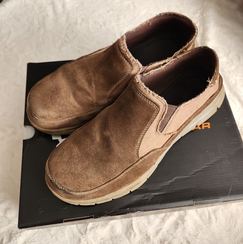 Hytest Blake Steel Toe Slip On Shoes, Brown Suede and Canvas- Size 13